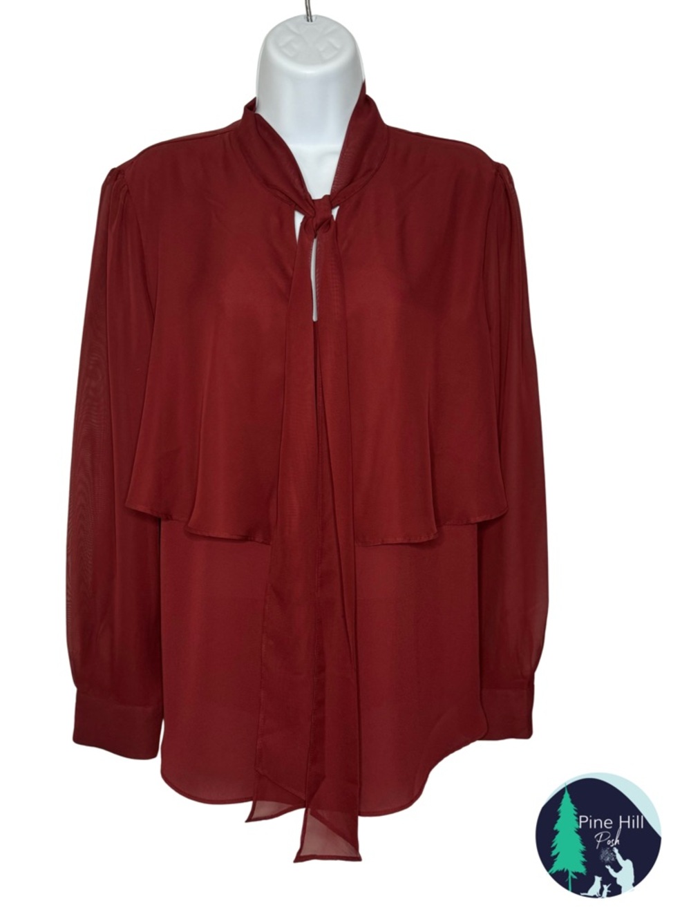 Cato Red Burgundy Sheer Tie Neck Blouse Size Large Romantic Career Top EUC